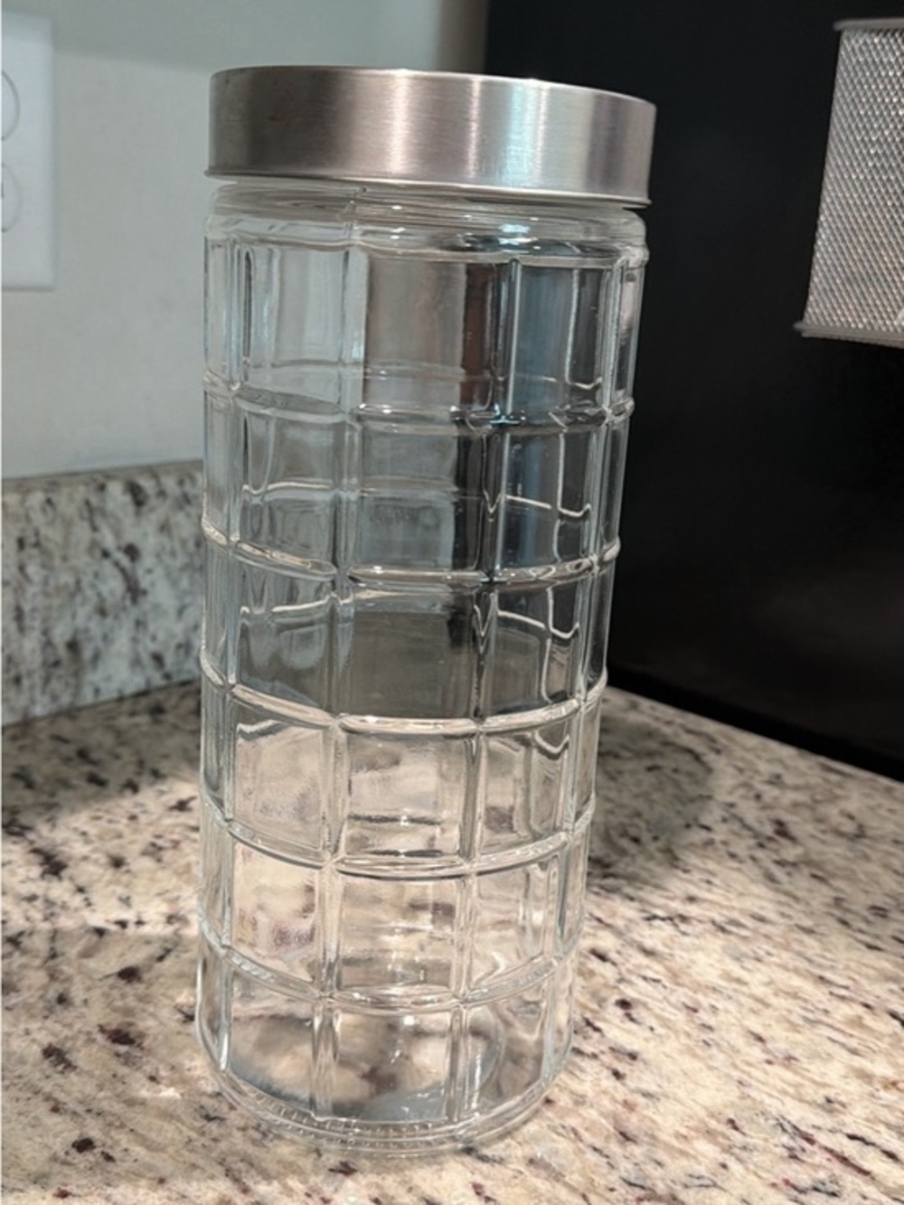 Clear Glass Grid Canister with Silver Lid